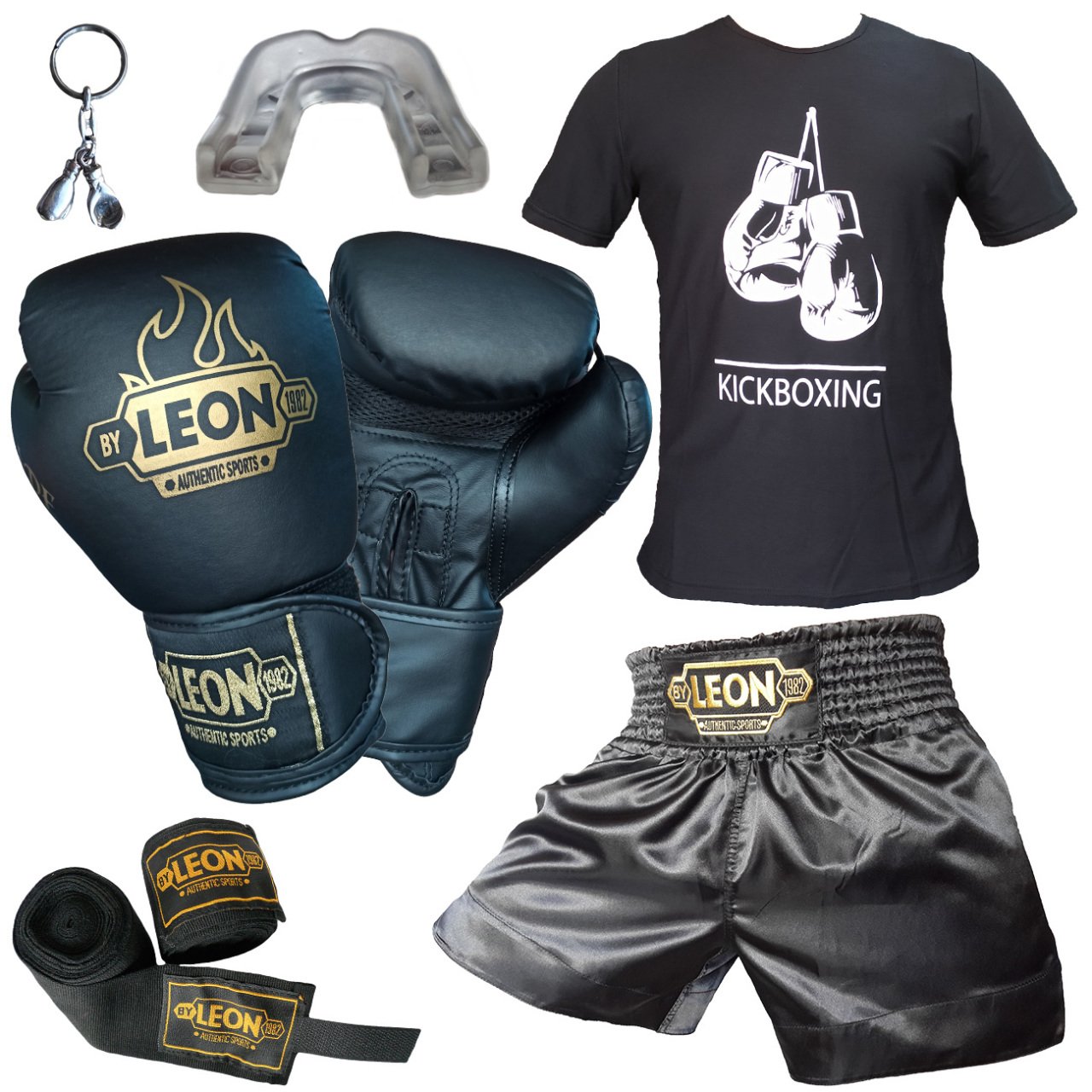 Boks Eldiveni, Leon Kick Boks Şortu, Tişört, Bandaj, Dişlik Seti Siyah