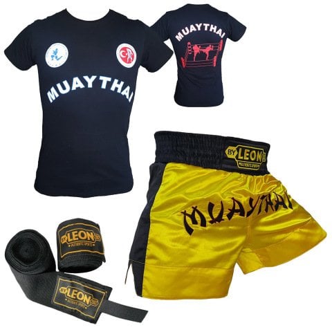 Leon Classic Muay Thai Şortu, Tişört ve Boks Bandajı Seti Sarı
